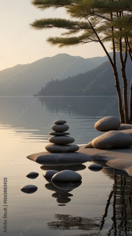 Balanced stone pyramid on shore of blue water of ocean. Blue sky in water level mirror. Poor lighting conditions.