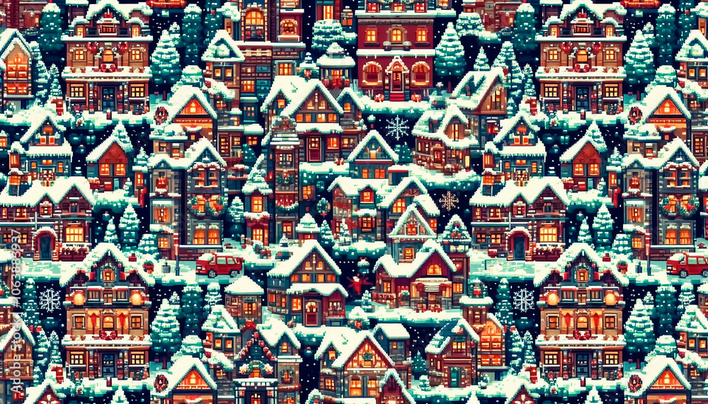 pixel art illustration of christmas house pattern