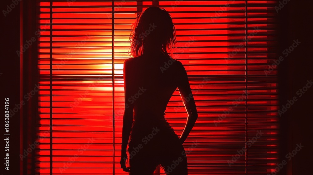 A pensive young woman with blonde hair gazes through window blinds, reflecting on life as warm colors fill the room. A pensive young woman with blonde hair gazes through window blinds, reflecting on life as warm colors fill the room.