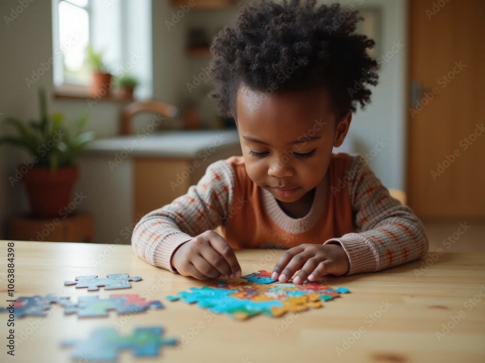 Child Engaged in Assembling a Colorful Puzzle at Home During the Day in a Cozy Kitchen Setting Child Engaged in Assembling a Colorful Puzzle at Home During the Day in a Cozy Kitchen Setting