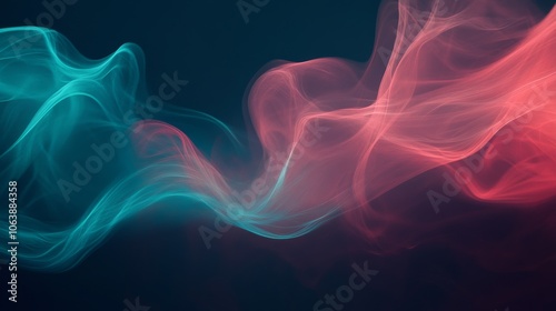 modern abstract gradient background with Smoke-like wisps on dark contrast background , Turquoise and coral pink