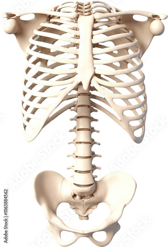 Detailed view of human rib cage bones, including ribs, sternum, and thoracic vertebrae, highlighting the protective structure of the chest cavity. Ideal for medical, educational, and anatomical conten