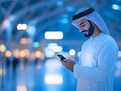 Arab Man Using Smartphone in Modern Airport Terminal
