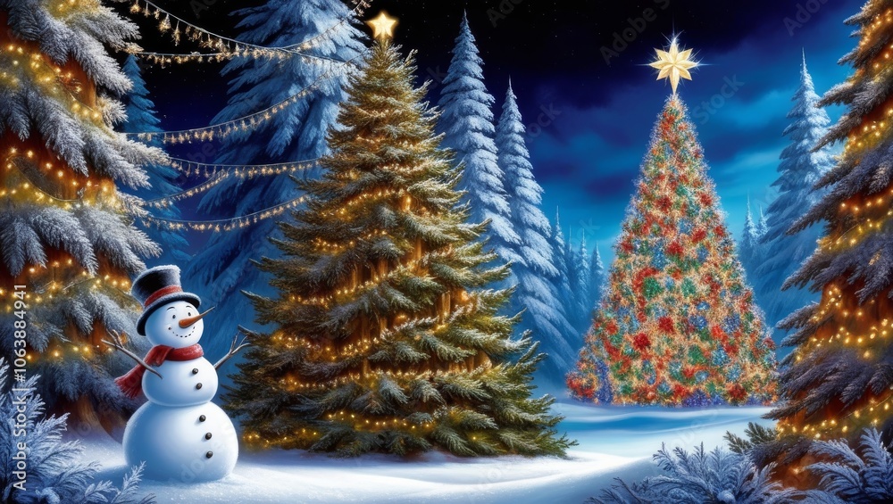 Merry christmas and happy new year greeting card with copy-space.Happy snowman standing in winter christmas landscape.Snow background
