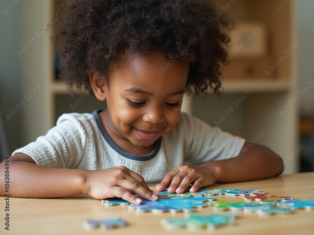 Child Engaged in Puzzle Activity at Home During Afternoon Playtime Child Engaged in Puzzle Activity at Home During Afternoon Playtime