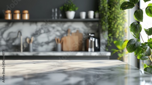 Close up of Modern white marble kitchen table empty for display on bright luxury room background. Ai generated image