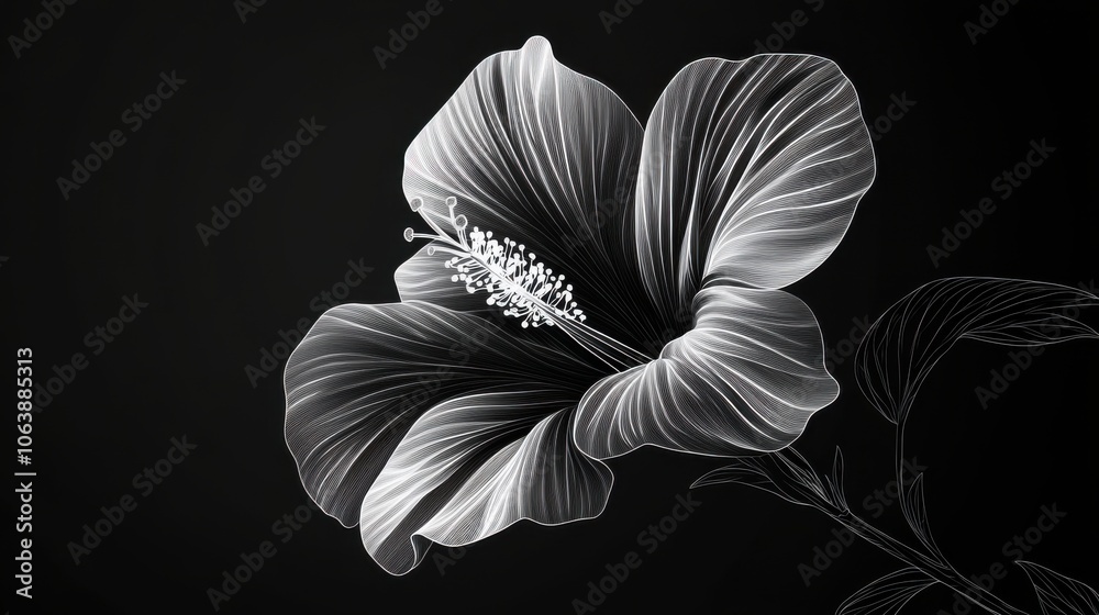 Fototapeta premium Intricate black and white outline illustration of hibiscus flowers, showcasing their elegant petals and details.
