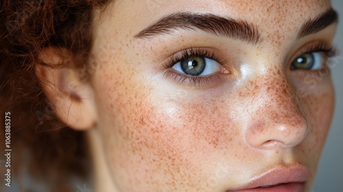 A young woman with vibrant blue eyes and prominent freckles gazes directly at the viewer, emphasizing her natural beauty in diffused indoor light.