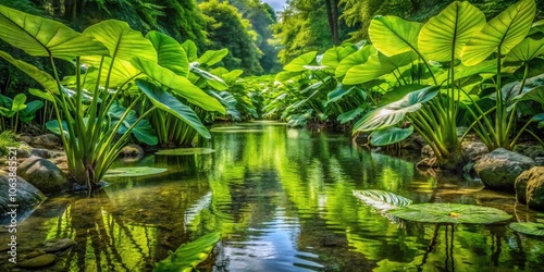 Serene Minimalist Photography of Lush Green Dasheen Taro Plants in a Clear River Stream