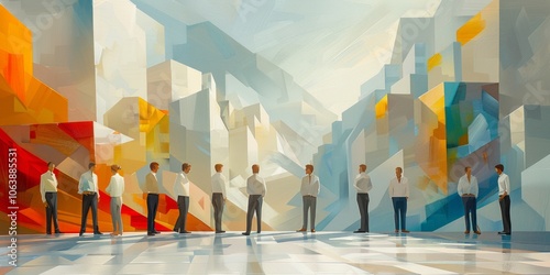 geometric style illustration Jesus portrayed teaching parables while surrounded abstract figures and symbols illuminated bright daytime light. photo