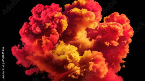 A vibrant explosion of red, orange, and yellow smoke billowing against a dark background, creating a dramatic and fiery visual effect.