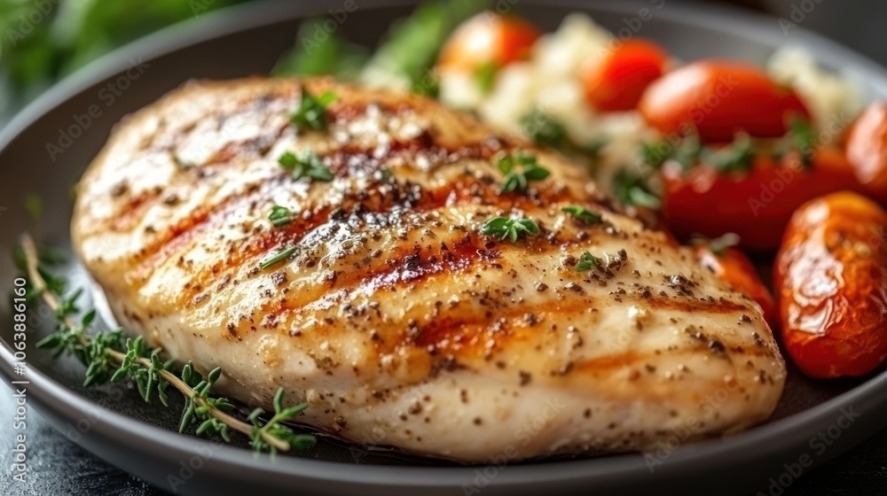 A grilled chicken breast with rosemary and cherry tomatoes on a black plate. A grilled chicken breast with rosemary and cherry tomatoes on a black plate.