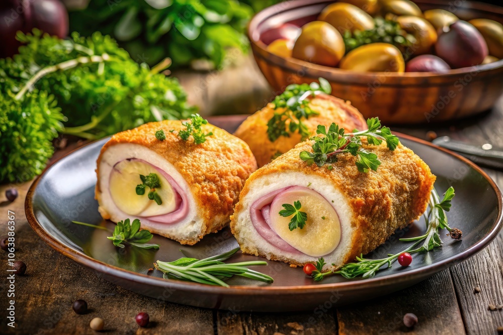 Silhouette of Chicken Cordon Bleu on a Plate with Herbs and Spices - Culinary Delights, Gourmet Cuisine, Food Photography, Delicious Dinner, Cooking Inspiration, Elegant Presentation Silhouette of Chicken Cordon Bleu on a Plate with Herbs and Spices - Culinary Delights, Gourmet Cuisine, Food Photography, Delicious Dinner, Cooking Inspiration, Elegant Presentation
