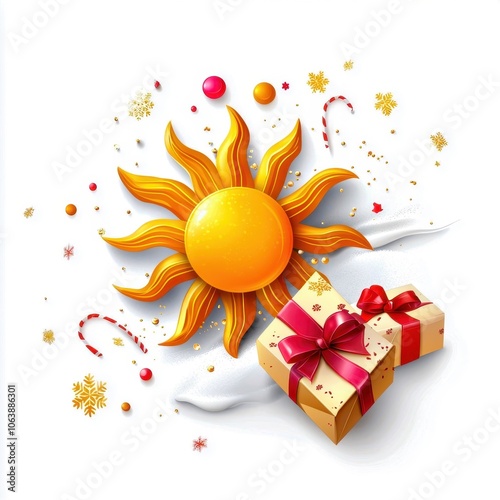 Bright sun and festive gifts for a joyful celebration, perfect for seasonal themes. photo