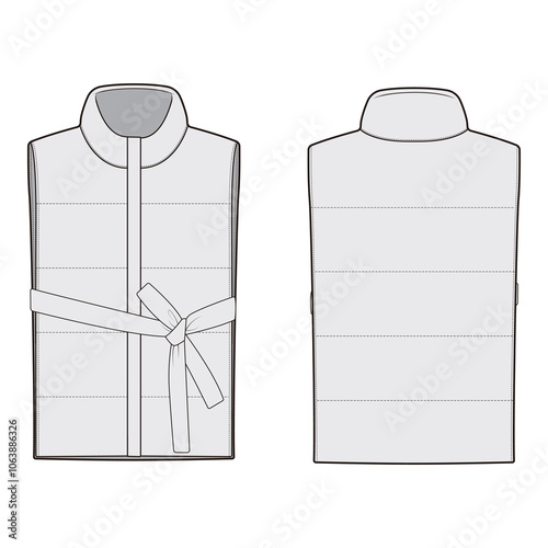 White belted puffer vest front and back view illustration.
