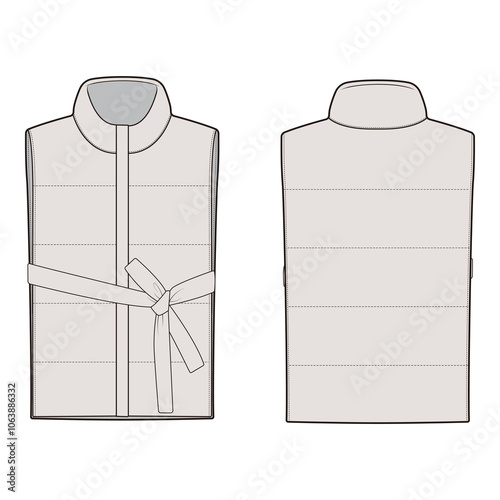 Beige belted puffer vest front and back view illustration.
