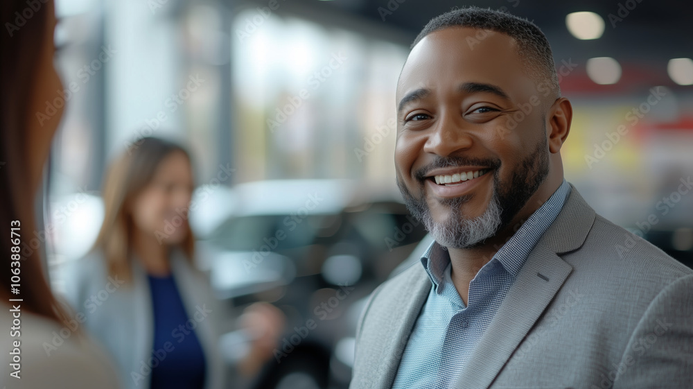 Joyful conversation in a bustling showroom with a cheerful man in a suit Joyful conversation in a bustling showroom with a cheerful man in a suit