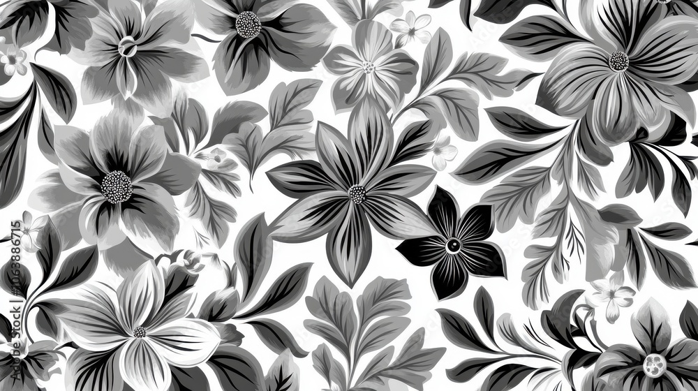 Obraz premium Elegant floral pattern featuring delicate flowers and leaves in soft, muted tones against a light background.