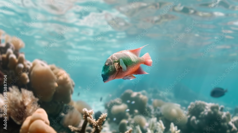 Fototapeta premium A colorful fish swims gracefully near corals in clear waters, epitomizing the vibrancy of marine ecosystems.