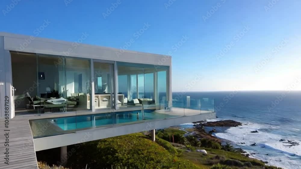 sleek, modern house overlooking the sea, featuring large glass windows, minimalist design, and a spacious deck to enjoy the ocean views and fresh air.