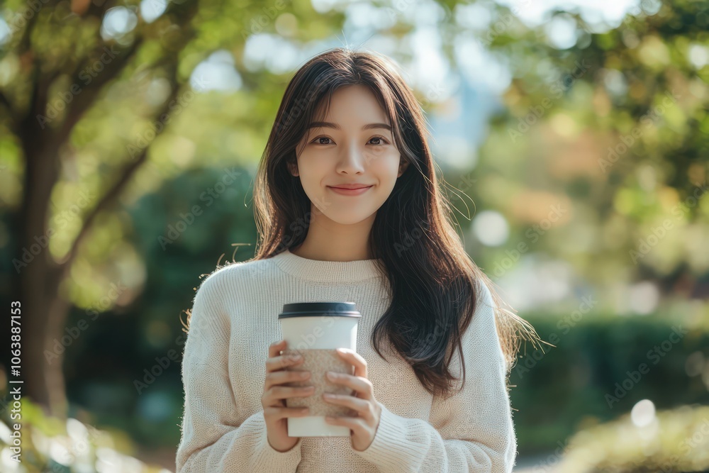 Eco-conscious Asian woman in a city park, holding a reusable coffee cup. Advocating for reducing plastic waste and promoting sustainability. Eco-conscious Asian woman in a city park, holding a reusable coffee cup. Advocating for reducing plastic waste and promoting sustainability.