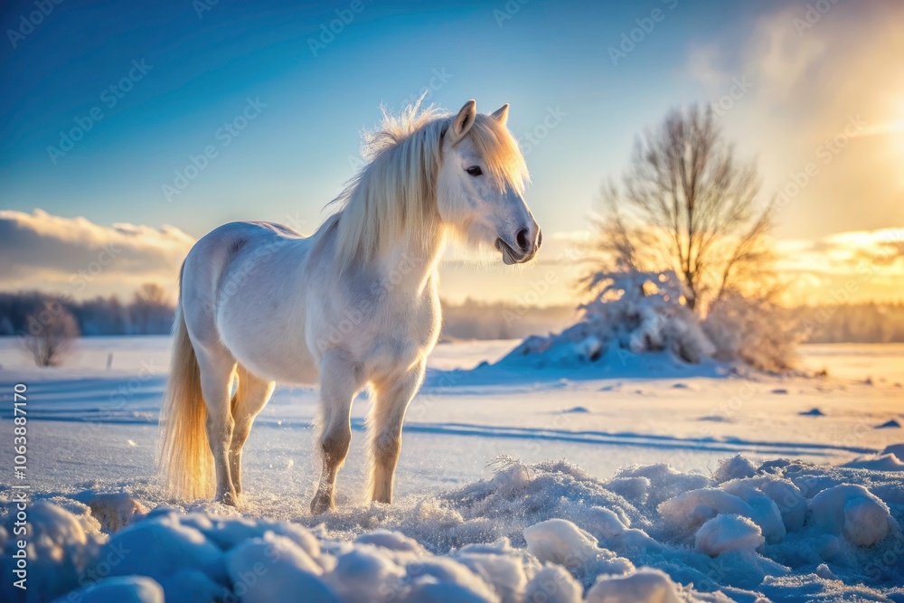 Fototapeta premium Snowy Winter Scene with White Pony: Majestic Horse in Snowy Landscape, Winter Equine Beauty, Frosty Environment, Rule of Thirds Composition, Serene Nature Photography
