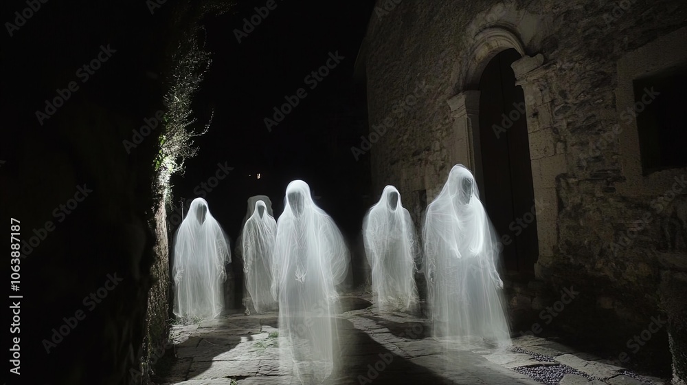 The image features a group of ethereal figures resembling ghosts ...