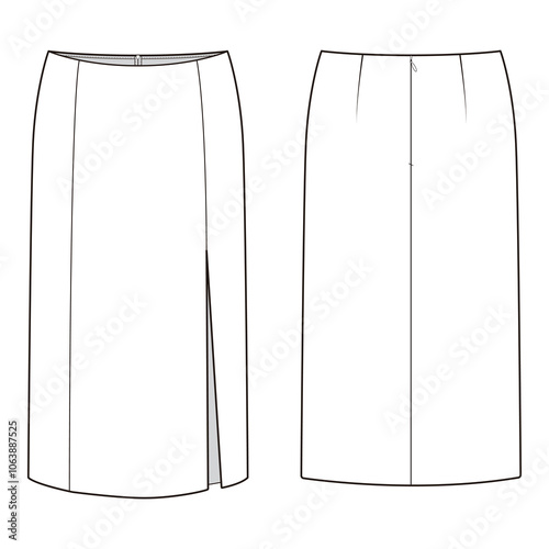 Front and back view of a white midi skirt with a front slit, minimalistic design.
