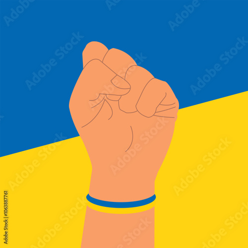 Vector graphic human hand fist illustration on the flag of Ukraine background. Freedom, stand with Ukraine, stop war. Hand drawn flat design symbol of ukrainians people strength.