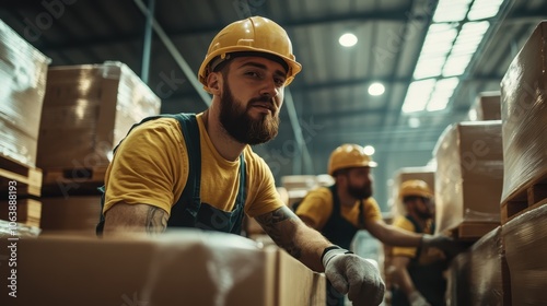 A male warehouse worker in a hard hat leans over packed boxes, embodying the themes of hard work, dedication, and teamwork in an industrial setting. photo