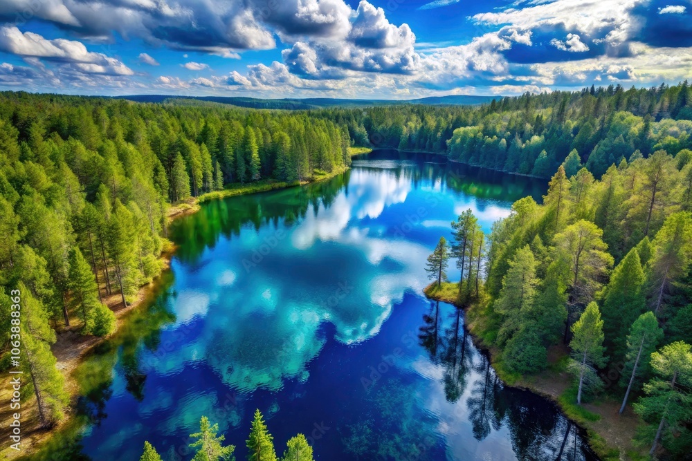 Fototapeta premium Stunning Architectural Photography of a Serene Blue Lake in Finnish Forest Under Bright Sunny Skies, Perfect for Nature Lovers and Travel Enthusiasts