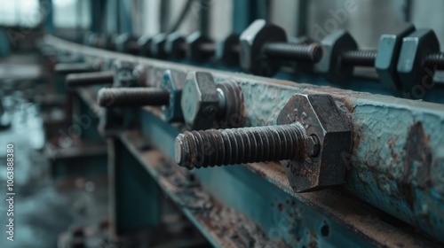 Close-up of heavy-duty bolts in a defunct industrial setting, highlighting the stark contrast of rust and rugged metalwork.