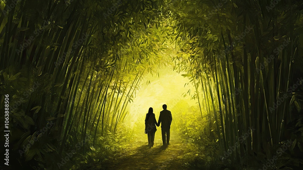 Silhouettes of a Couple Walking Through a Sunlit Bamboo Forest Silhouettes of a Couple Walking Through a Sunlit Bamboo Forest