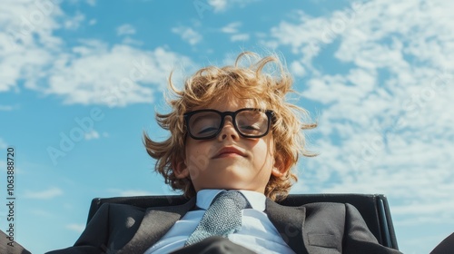 A tranquil child reclines in a chair wearing a suit and thick glasses, gazing upwards at a cloud-dotted sky, symbolizing thoughtfulness and serene contemplation. photo