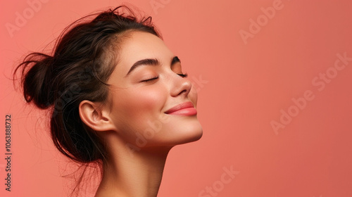 Side view young happy woman, close up, mock up area isolated on light red background