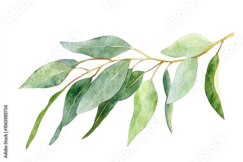 Watercolor Eucalyptus Leaf Illustration on White Background. Hand-Drawn Botanical Element for Herbal Design