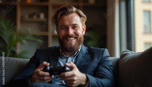 A cheerful man playing video games on a couch in a modern living room during an evening gathering with friends