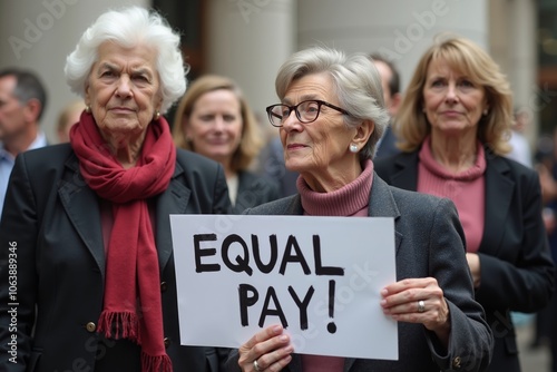 Women advocating for equal pay during a demonstration in a city center in autumn, showcasing solidarity and empowerment photo