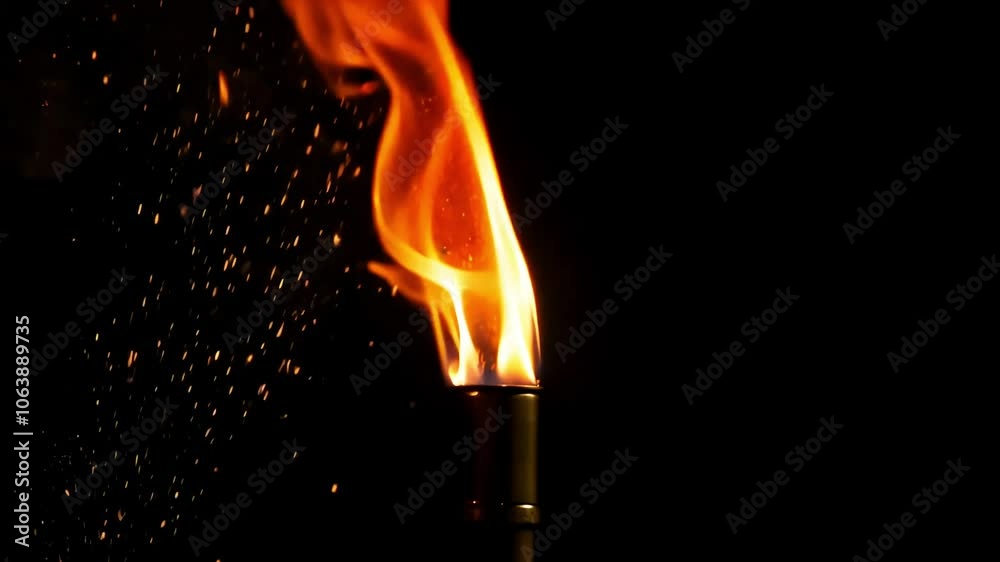 A single torch with a flame against a black background. A single torch with a flame against a black background.