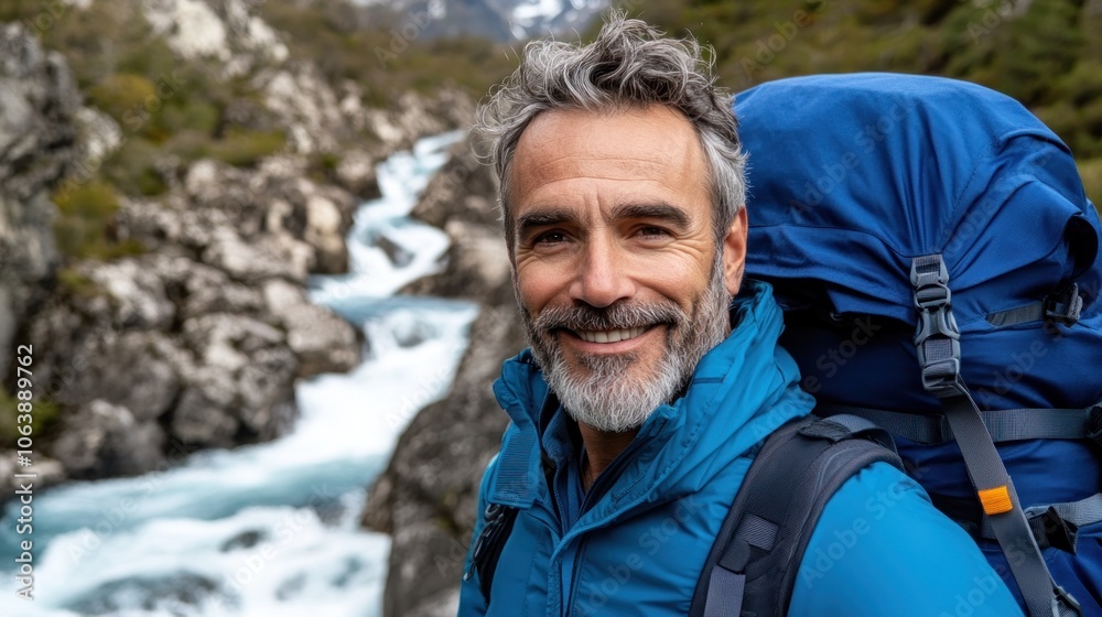 A smiling hiker with a backpack stands by a rushing river in a mountainous landscape. A smiling hiker with a backpack stands by a rushing river in a mountainous landscape.