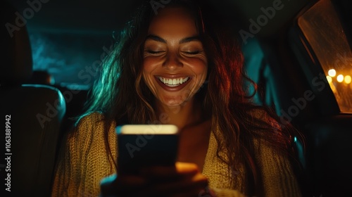 A woman in a yellow sweater sits in a dimly lit car, smiling joyfully while engaging with her smartphone, casting a warm glow on her face from the screen. photo