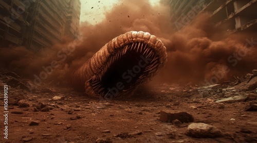 A massive, fearsome worm with a mouth full of teeth erupts among collapsing urban structures, evoking themes of chaos, destruction, and primal fear in a fantastical scene.