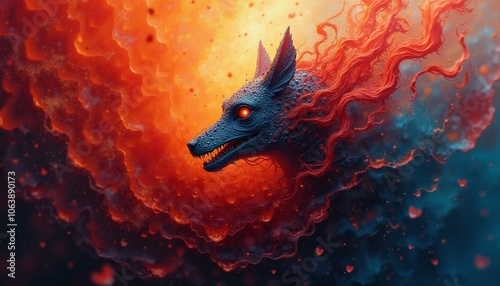 A mystical wolf head emerging from fiery swirls amidst a vibrant background, showcasing a blend of fantasy and mysticism