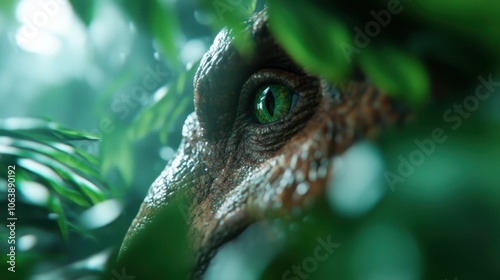 The second image beautifully captures a close-up of a dinosaur eye peering out from behind vibrant green leaves, evoking a sense of mystery and hidden adventure. photo