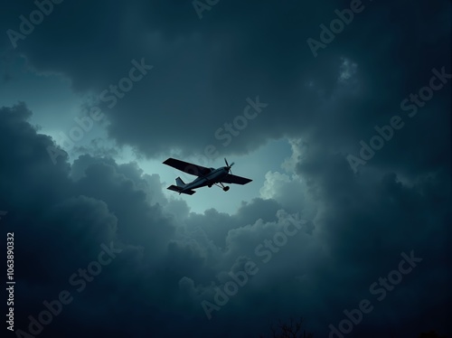 A small aircraft navigates through dark, turbulent clouds during an overcast evening sky, showcasing the challenge of flight