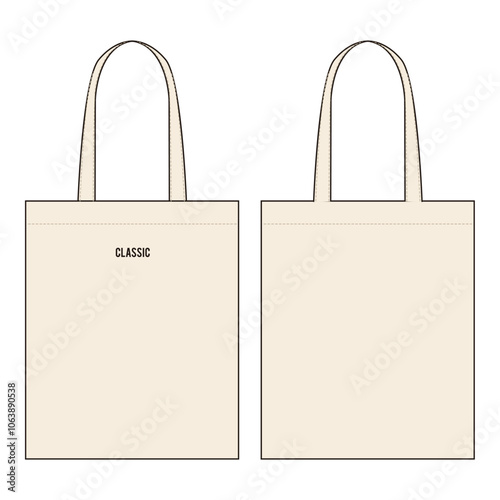 Classic beige tote bag with minimalist text, featuring a clean, blank design.
