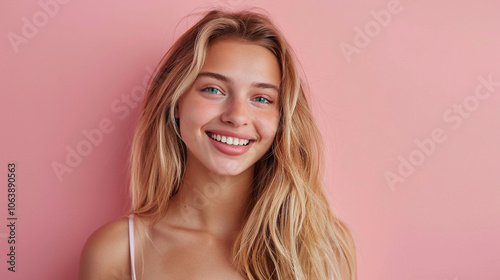 Smiling young woman with blonde long groomed hair isolated on pastel flat background with copy space