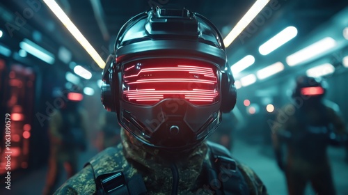 A person wears a high-tech helmet with intricate glowing red lines in a futuristic setting, representing advanced technology and innovation in modern design. photo