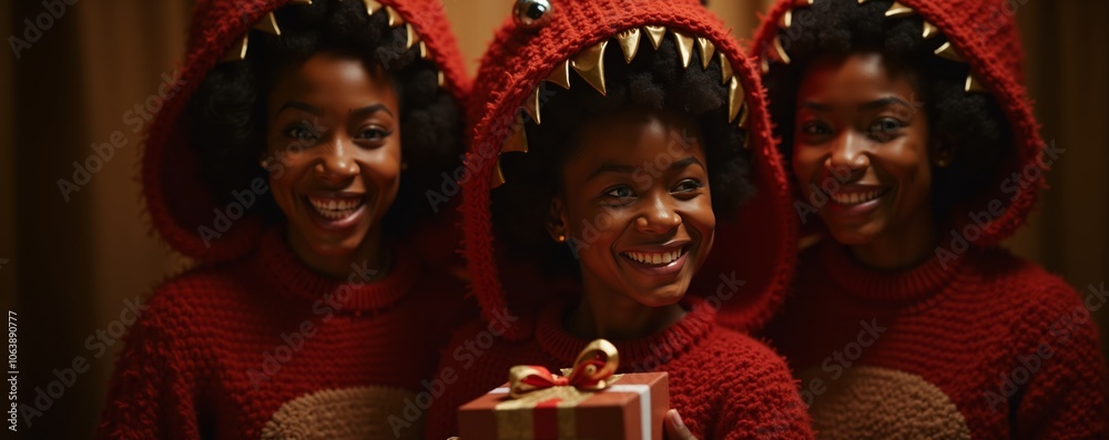 Three friends celebrate a costume birthday party wearing cozy dinosaur outfits and sharing a gift in a warm, festive setting Three friends celebrate a costume birthday party wearing cozy dinosaur outfits and sharing a gift in a warm, festive setting