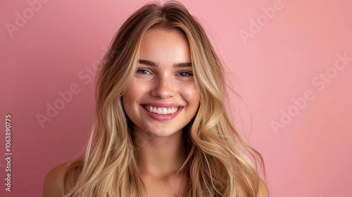 Smiling young woman with blonde long groomed hair isolated on pastel flat background with copy space